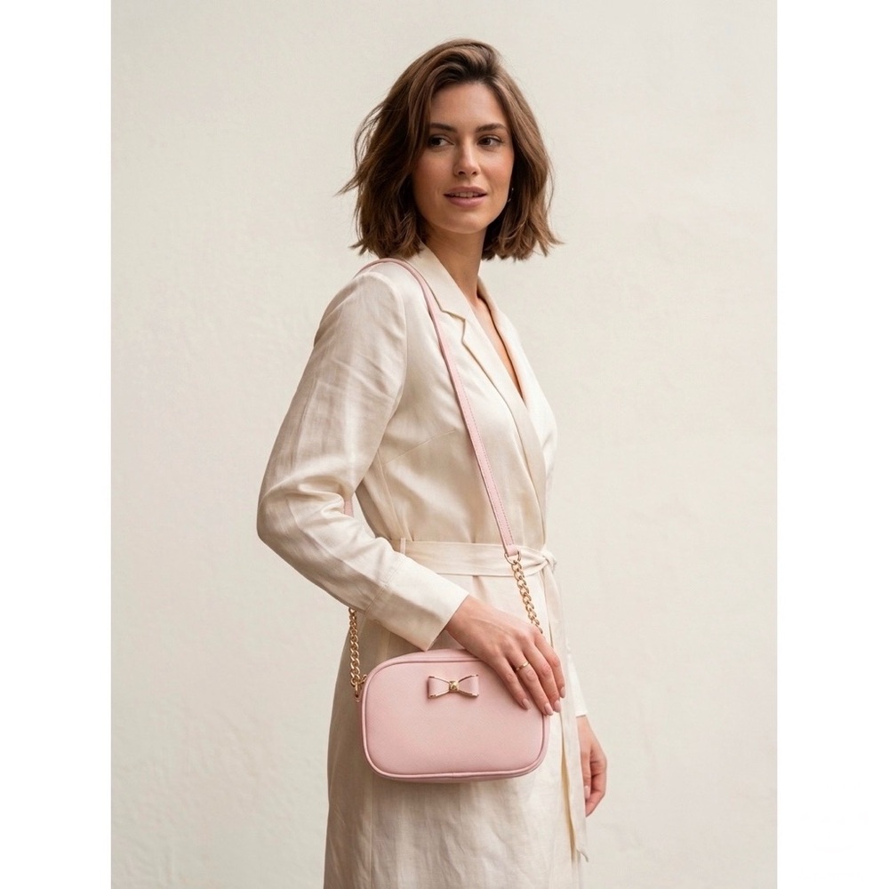 Blush Pink Saffiano Leather Crossbody Bag Gold Bow Detail & Chain Strap Mini